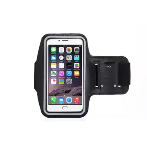 Black silicone phone armband with a silver-trimmed interior, designed to securely hold and support an iphone.
