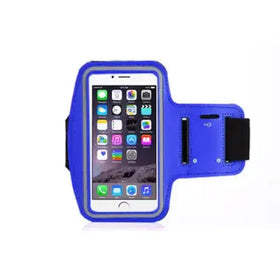 Blue silicone armband with black elastic strap and cutout for phone screen visibility.