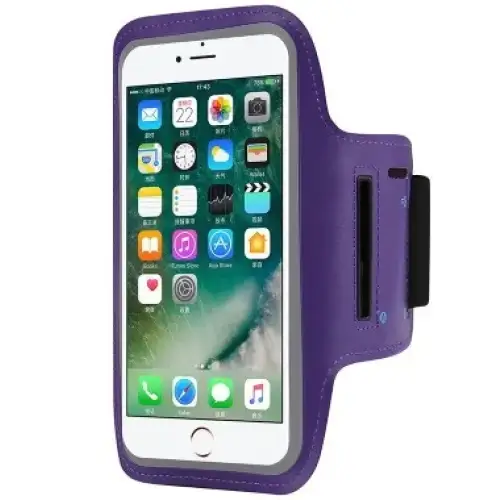 Purple athletic armband with a sleek, textured surface and black elastic strap for secure fit.