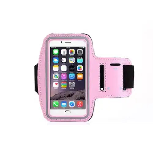 Pink leather-like phone armband with black elastic strap and side pocket.