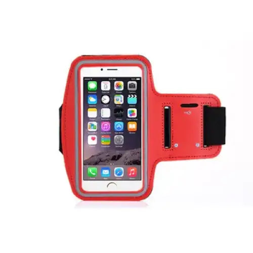 Red silicone phone armband with black elastic strap and adjustable closure.