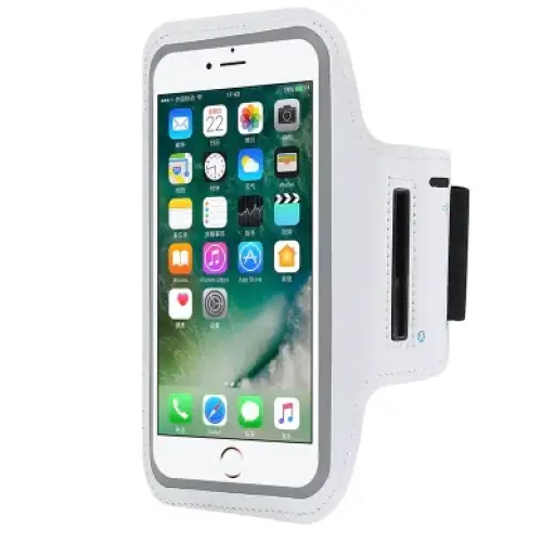 White leather iphone armband with black elastic strap and side pocket.