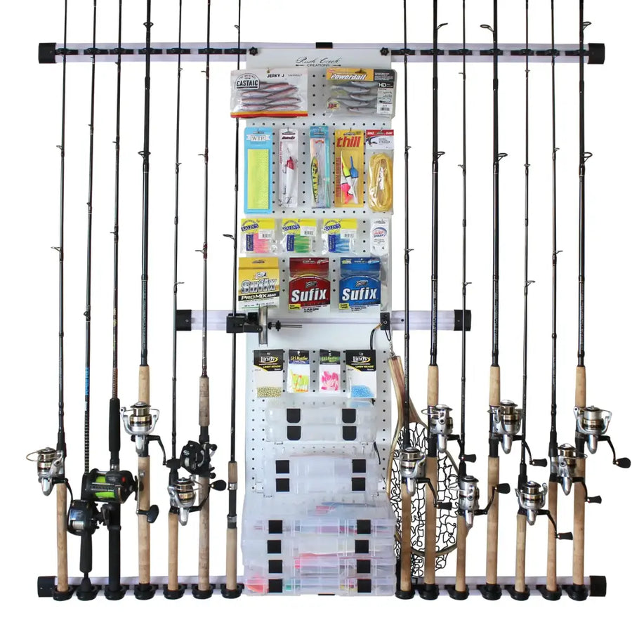 White pegboard fishing gear organizer with black and clear plastic storage bins, hooks for rods, and labeled compartments holding colorful lures and bait.