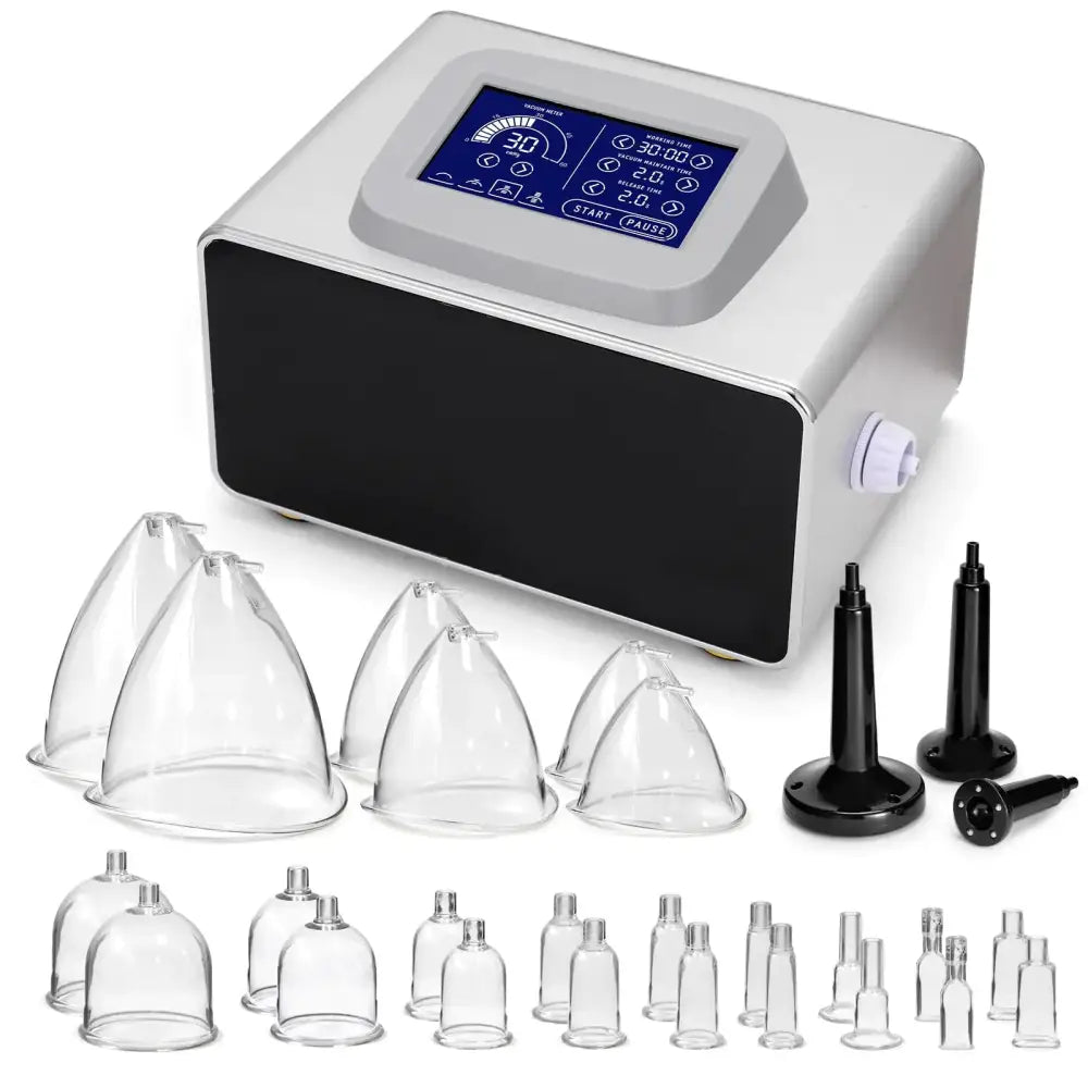 Silver and black digital vacuum suction device with multiple clear glass cups of varying sizes.