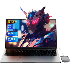Silver laptop with a sleek, modern design and an illuminated screen displaying specs like intel alder lake n95 processor, 16gb ram, and 512gb rom.