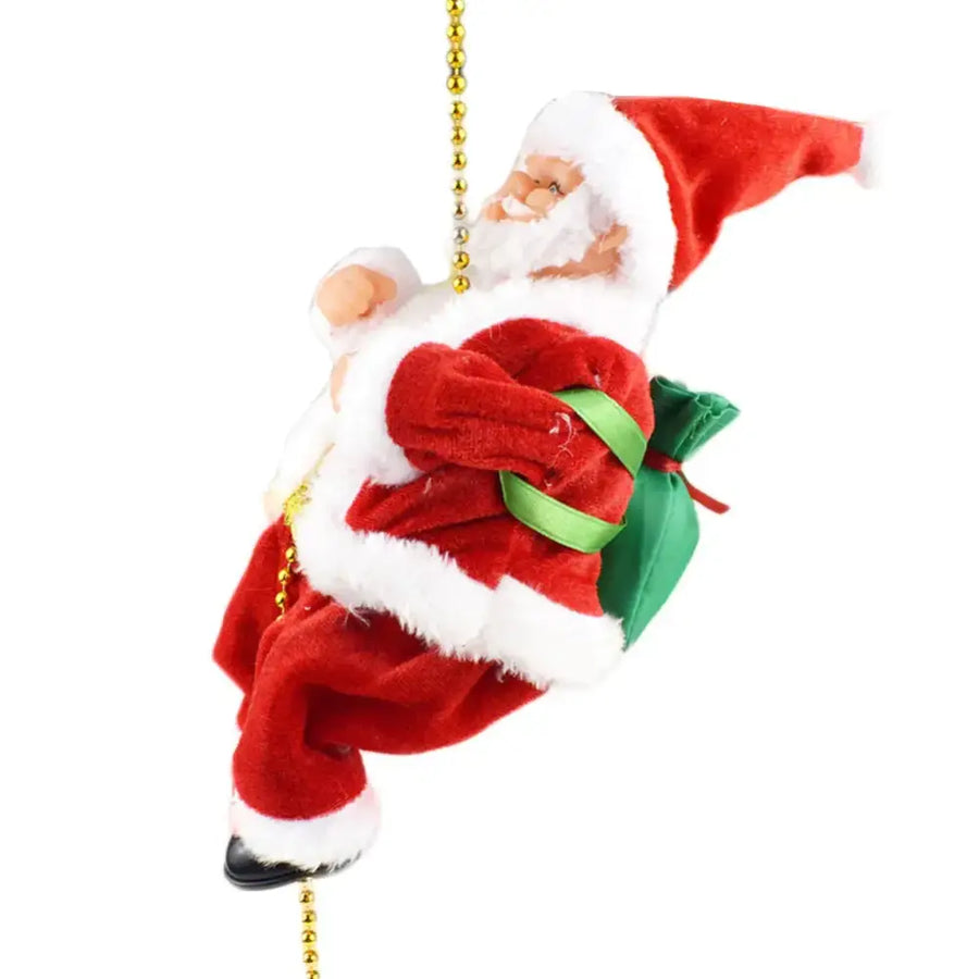 Red and white plush santa claus figurine with a green sack, hanging from a gold beaded chain.