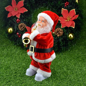 Red and white plush santa claus figurine holding a golden saxophone.