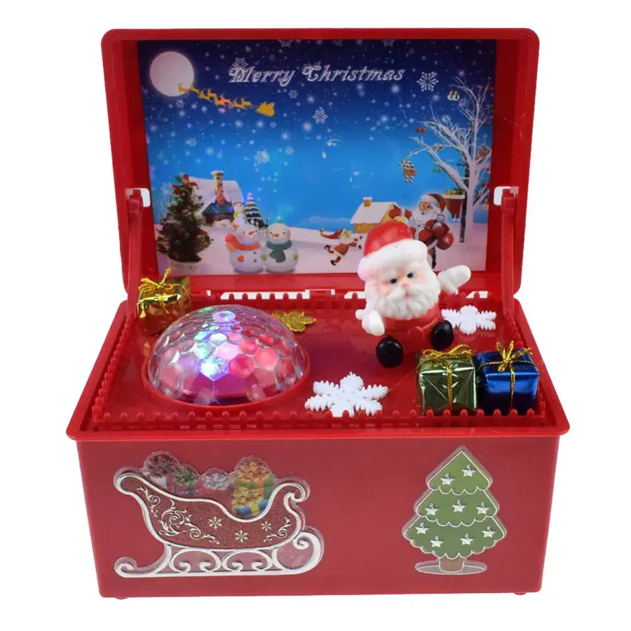 Red plastic christmas-themed musical box with a festive interior featuring santa, snowmen, and gift boxes.