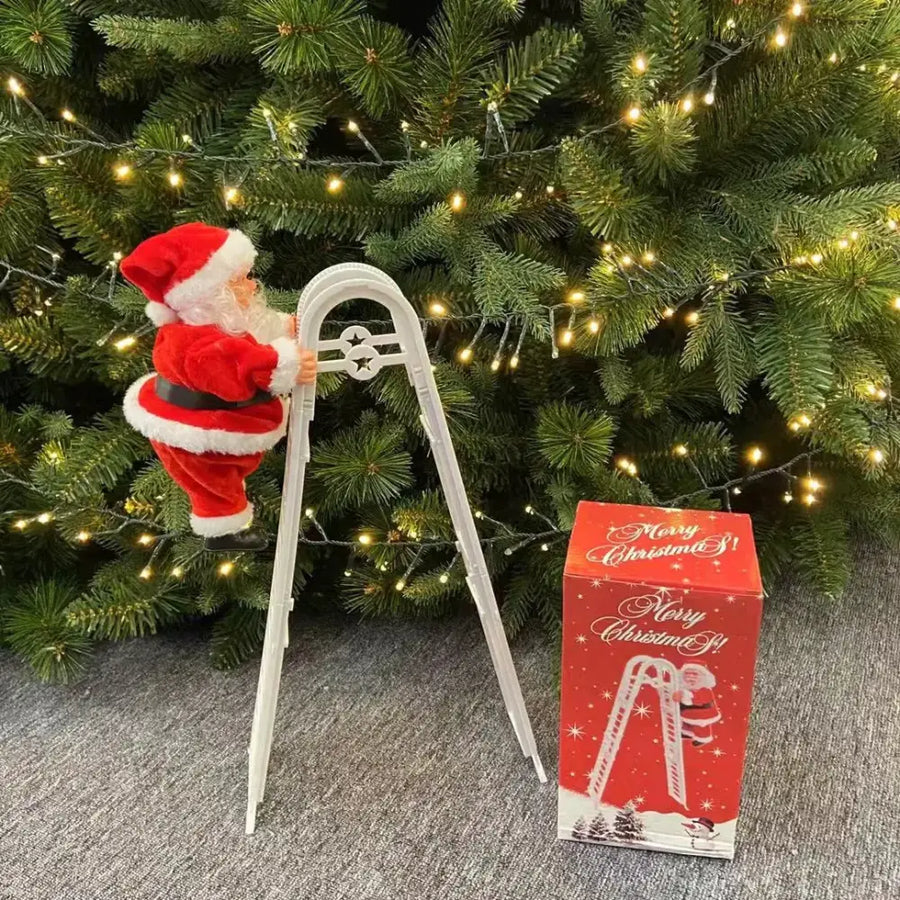 Red and white plastic santa claus figurine climbing a white plastic ladder.