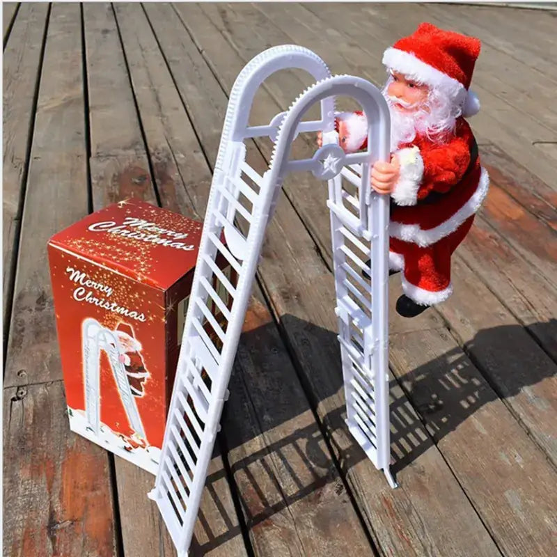 White plastic santa claus figurine climbing a white plastic ladder