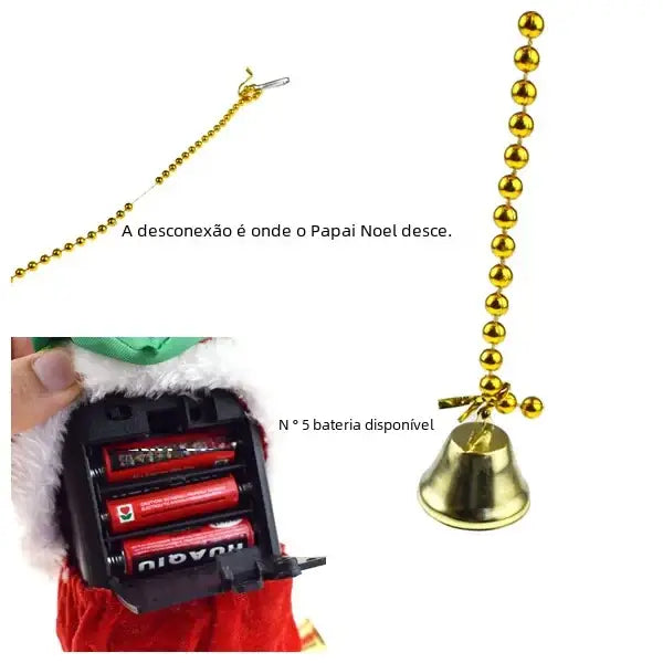Golden beaded chain with a small bell at the end, attached to a santa claus figurine.