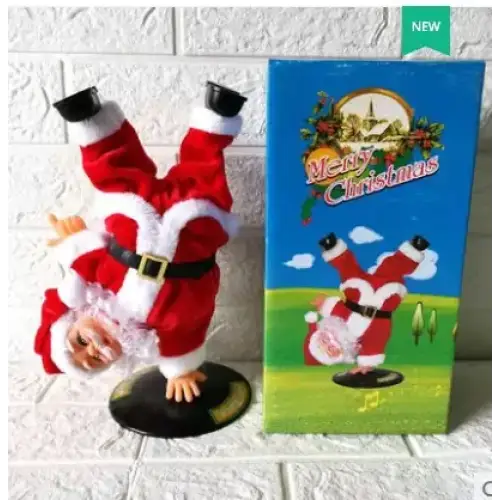 Red and white santa claus figurine with black boots, belt, and a smiling face, dressed in plush fabric.