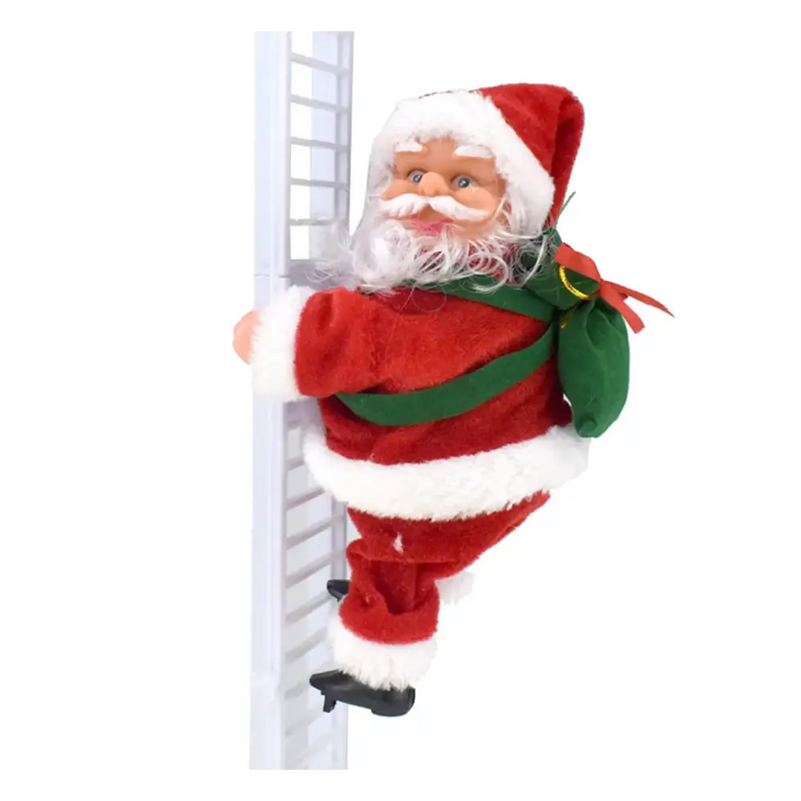 Red and white plush santa claus figurine with a green sack, climbing down a ladder.