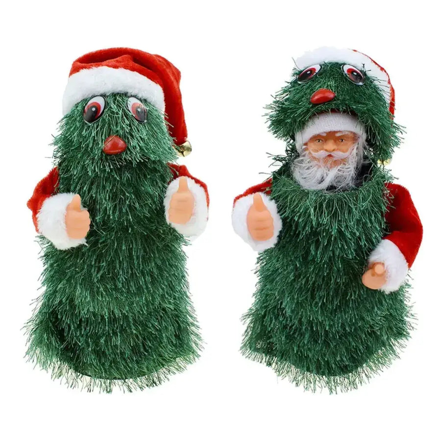 Two festive christmas-themed plush figurines, one shaped like a green pine tree with red eyes and nose wearing a santa hat, the other resembling santa claus in a matching green tinsel suit.