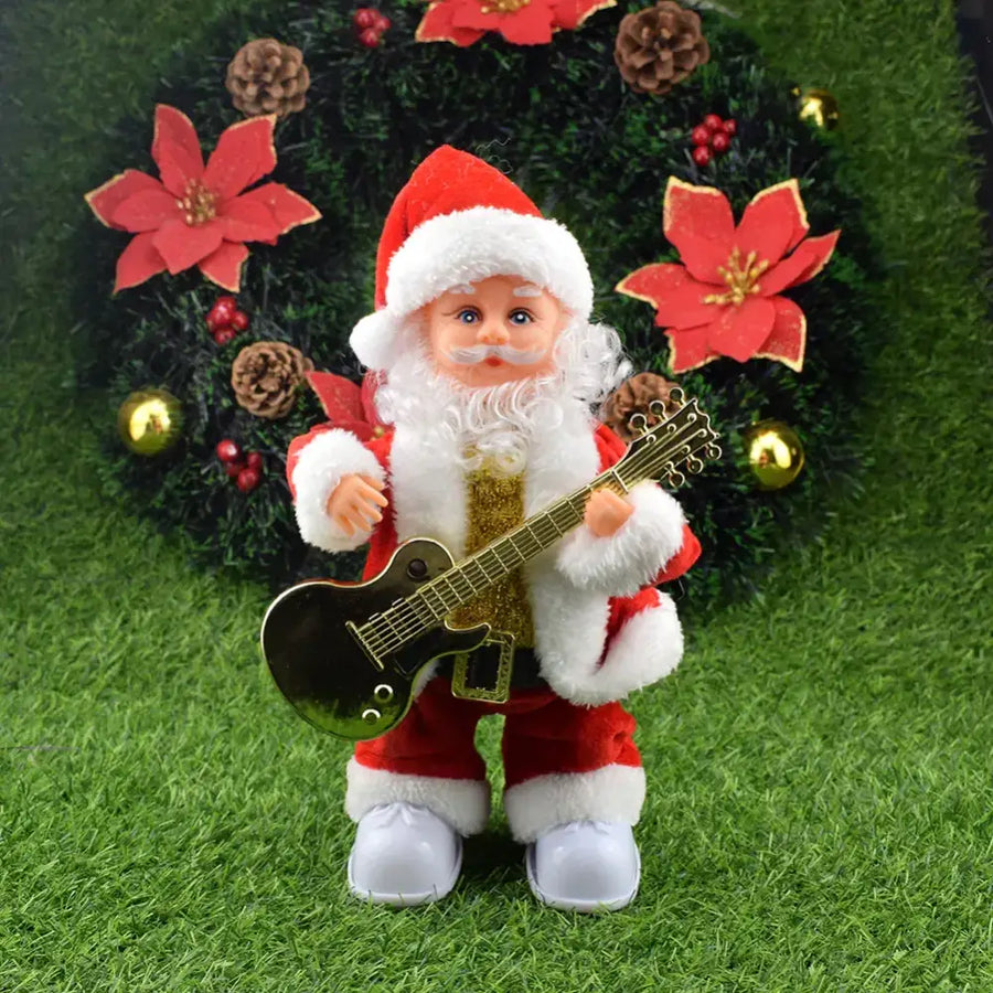 Red and white plush santa claus figurine holding a black electric guitar with gold hardware.