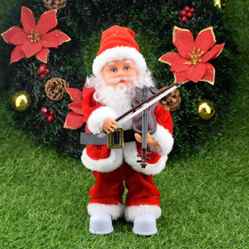 Red and white plush santa claus figurine holding a violin.