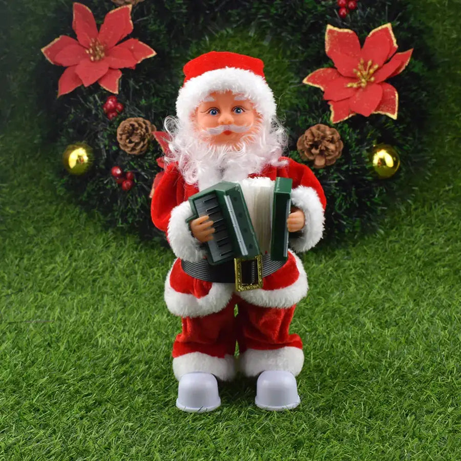 Red and white plush santa claus figurine holding a green accordion.