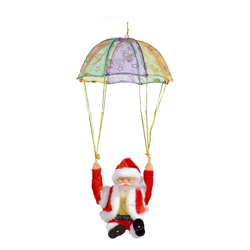 Red and white santa claus figurine with a rainbow-colored parachute above him.