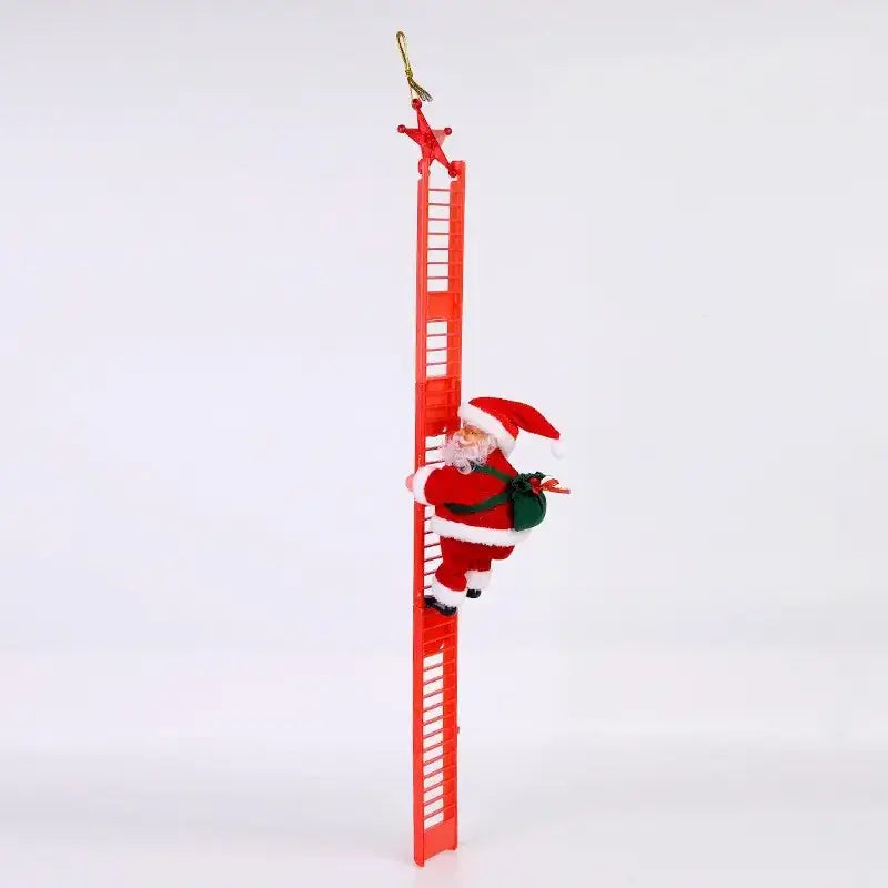 Red plastic christmas ornament featuring a santa claus figure climbing a ladder with a star at the top.