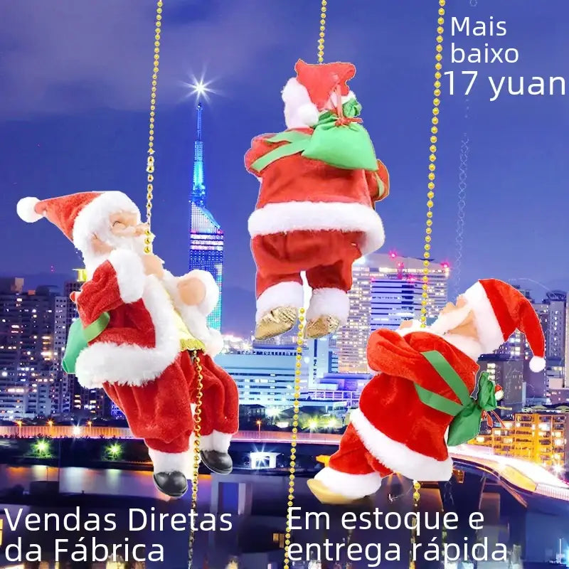 Red and white plush santa claus figurines hanging from golden chains, each carrying a green gift sack.
