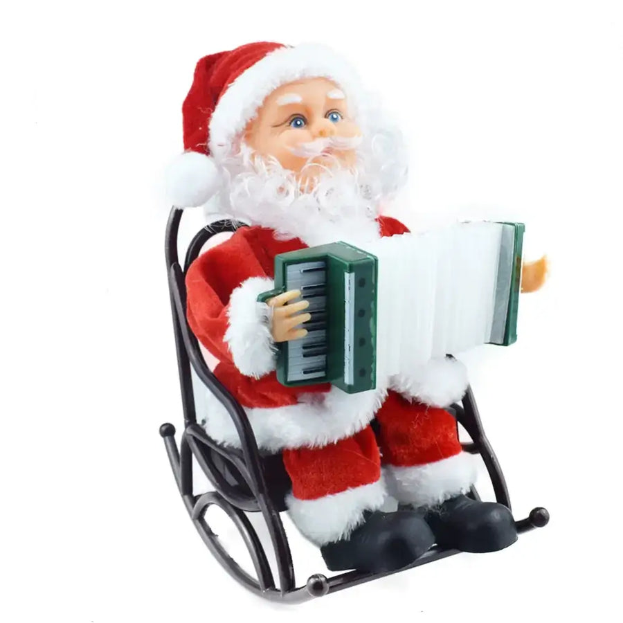 Red and white plush santa claus figurine seated in a black rocking chair, playing a green and white accordion.