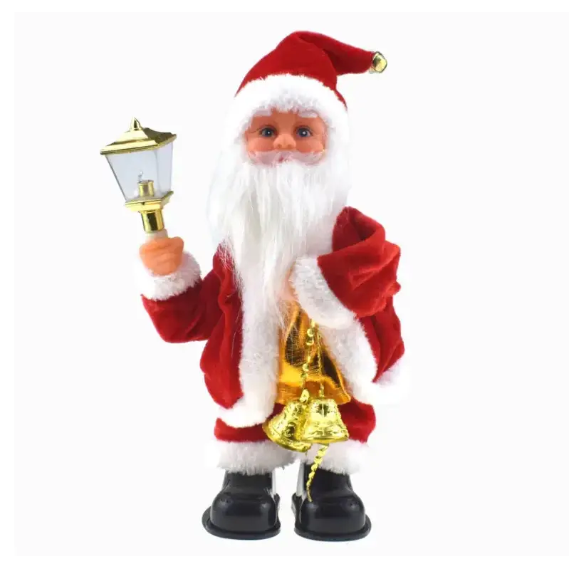 Red and white plush santa claus figurine holding a golden lantern.