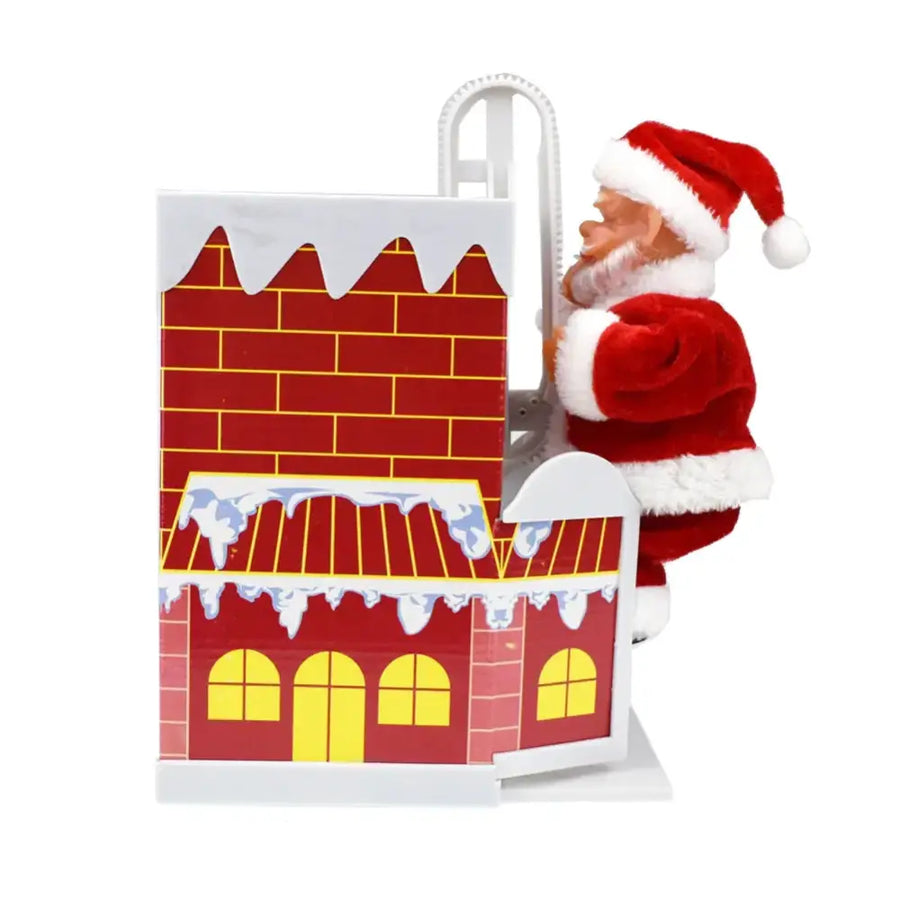 Red and white plush santa claus figurine climbing out of a festive, brick-style chimney.