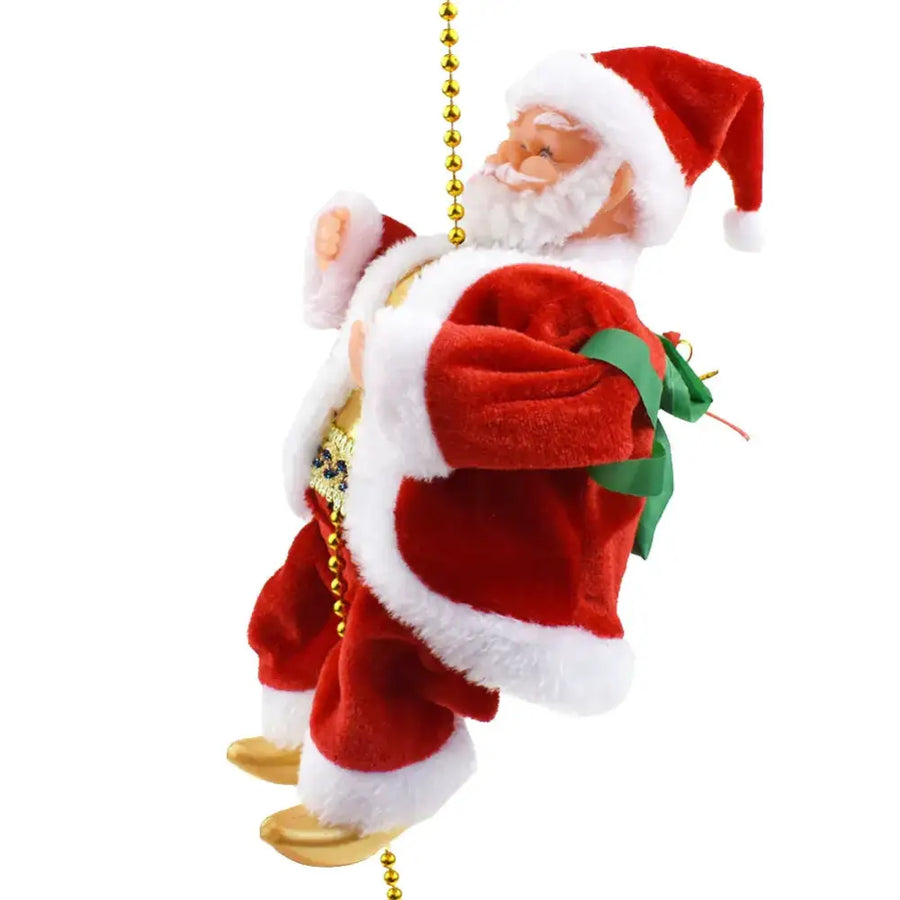 Red and white plush santa claus ornament with gold bead chain hanging from his hat.