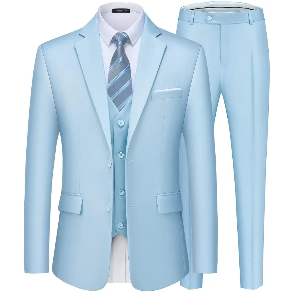 Light blue three-piece suit set featuring a tailored blazer, matching vest, and trousers with subtle pleats.