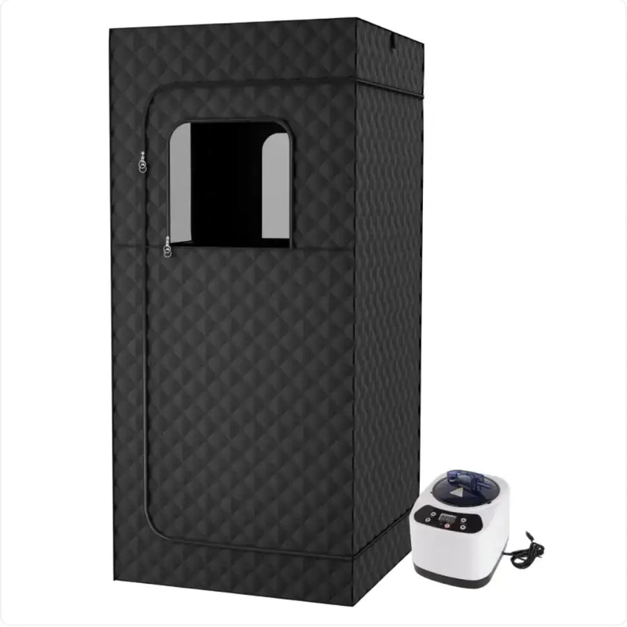 Black quilted fabric sauna tent with a rectangular window and zipper door, accompanied by a white control unit.