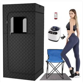Black quilted fabric sauna tent with a rectangular window and zipper closure