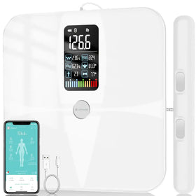 White digital smart scale with a sleek, modern design and an illuminated display showing weight, bmi, body fat percentage, and other metrics.