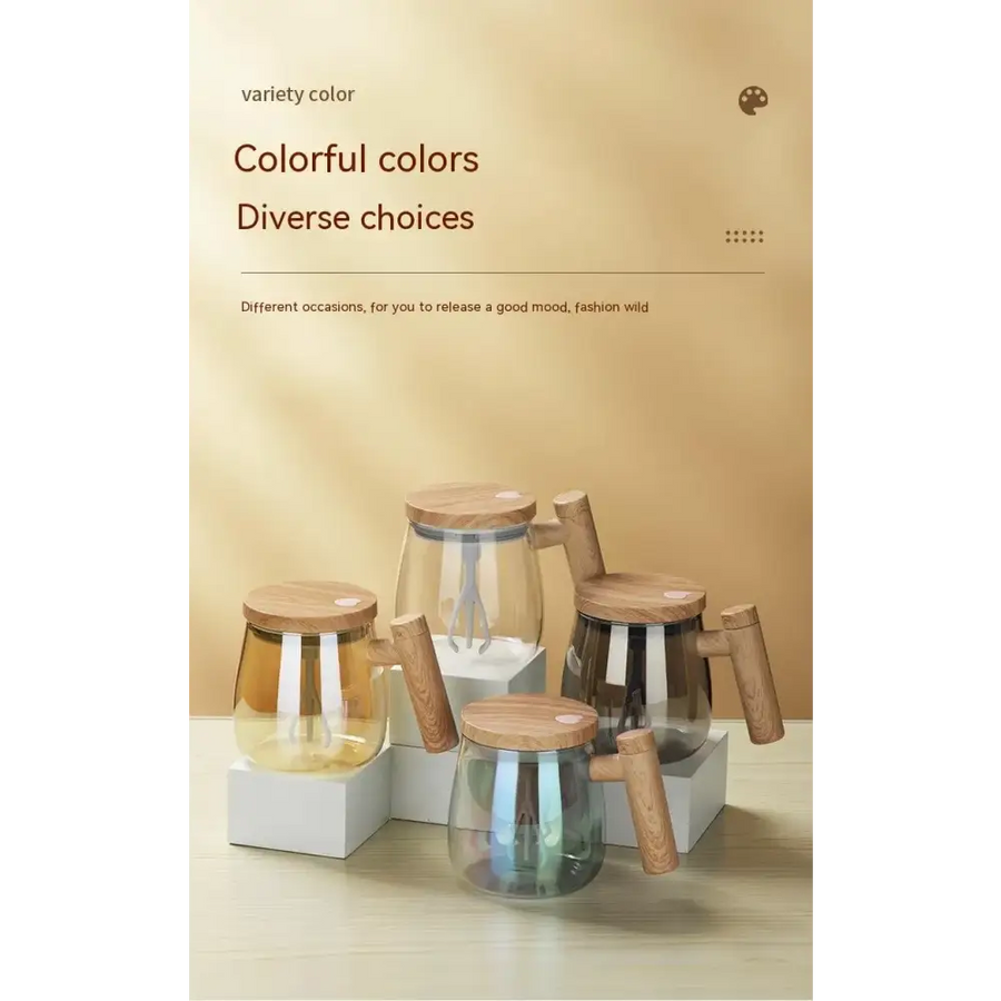 Clear glass pitchers with wooden handles and lids, available in assorted vibrant colors.