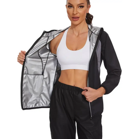 Black and silver zip-up athletic jacket with reflective interior lining.