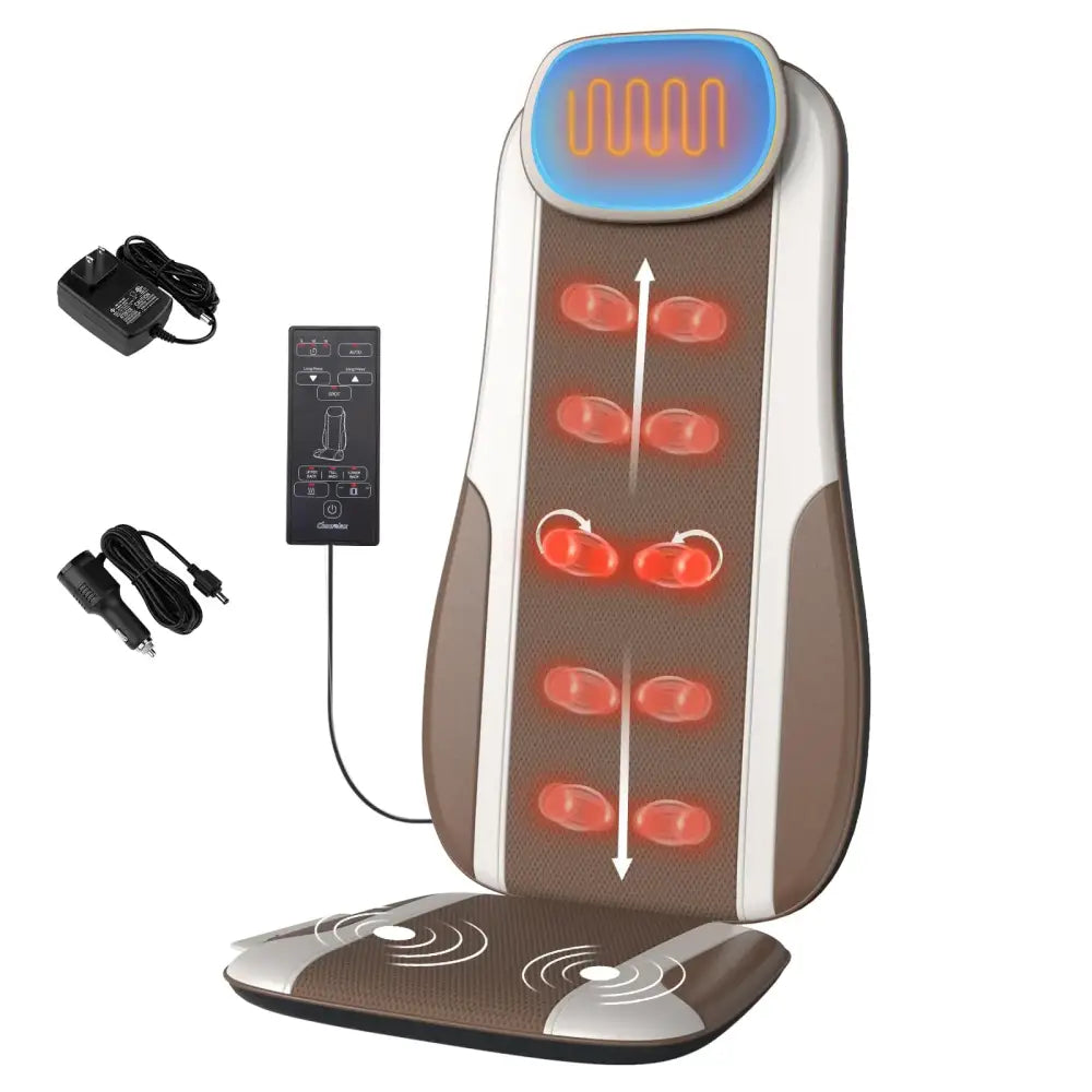 Brown and silver heated massage chair pad with glowing red circular massage nodes.