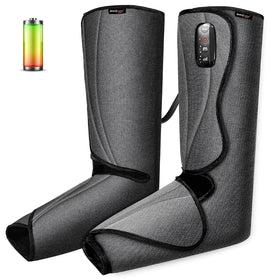 Black fabric-covered electric leg massagers with control panel and battery icon graphic.