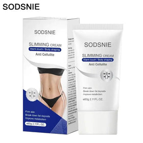 Sodsnie brand white tube of slimming cream with blue and silver accents, labeled for anti cellulite and body shaping.