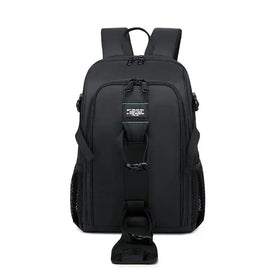 Black camera backpack with mesh side pockets and a front strap featuring a small rectangular label.