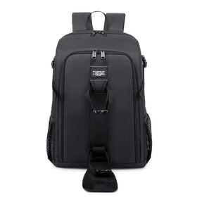 Black nylon backpack with reinforced zippers and mesh side pockets.