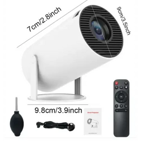 White cylindrical mini projector with black vented lens housing and silver stand.