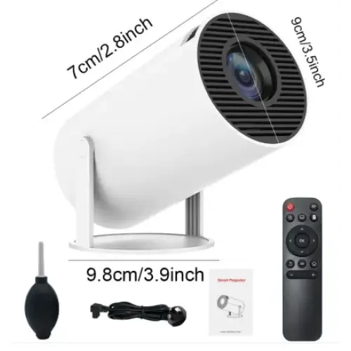 White cylindrical mini projector with black vented lens housing and silver stand.