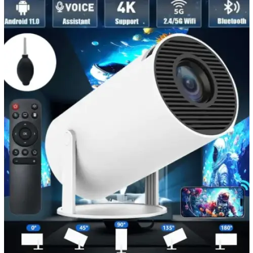 White cylindrical 4k wireless projector with black lens and ventilation grille.