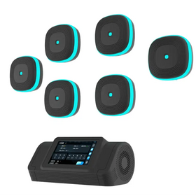 Black and teal wireless speaker system with six circular transmitters and a central control unit featuring a touchscreen display.
