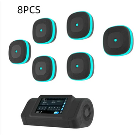 Black and teal circular wireless transmitters with a central blue dot, paired with a black control unit featuring a touchscreen display.