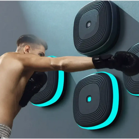 Black wall-mounted boxing pads with glowing teal led accents and concentric circular grooves.