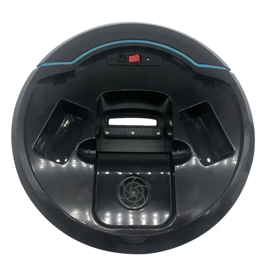 Black circular robotic vacuum cleaner with a sleek matte finish and subtle blue accent lighting along the top edge.