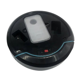 Black circular robot vacuum cleaner with a translucent white sensor panel and blue accent lighting along the edge.