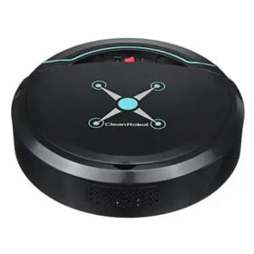 Black circular robotic vacuum cleaner with a teal logo and red power button.