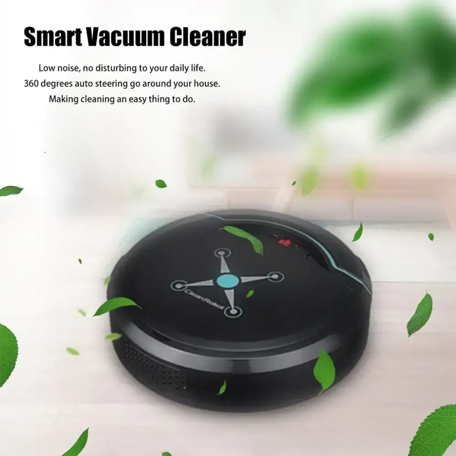 Black circular smart vacuum cleaner with a blue central navigation light and sleek, modern design.