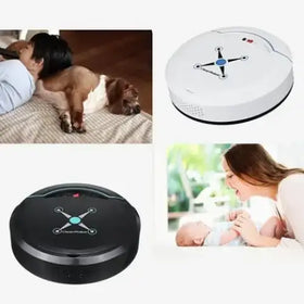White circular robot vacuum cleaner with a blue center and black accents